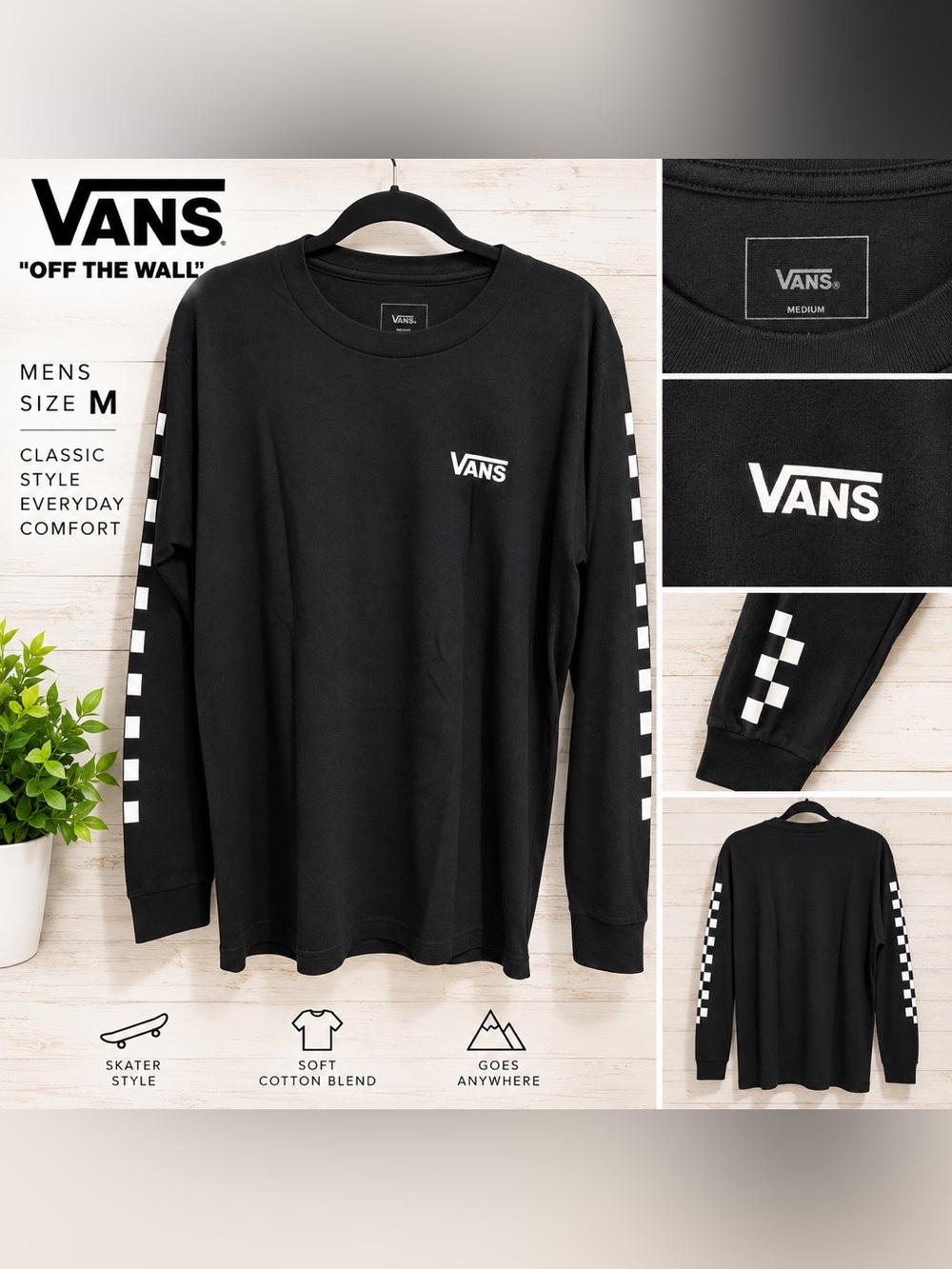 Vans Men’s Medium Black Long Sleeve Logo Shirt – Preloved Good Condition